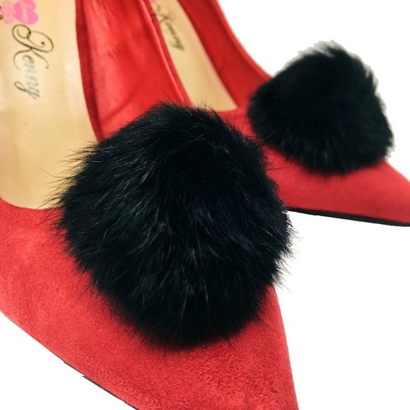 Penny Loves Kenny Manner Vegan Suede Pom Pointed Toe Pump Heels Red 12 Wide - Picture 3 of 8